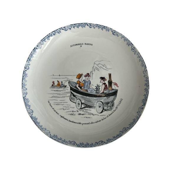 Vintage 19th C French Faïence Plate MBCM Montereau Cars of the Future Rare - Picture 2 of 9